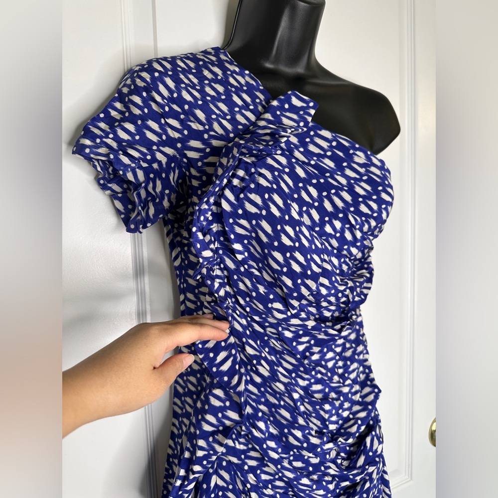Isabel Marant Side Ruffle Blue White One-Shoulder Silk Mini Dress 2
